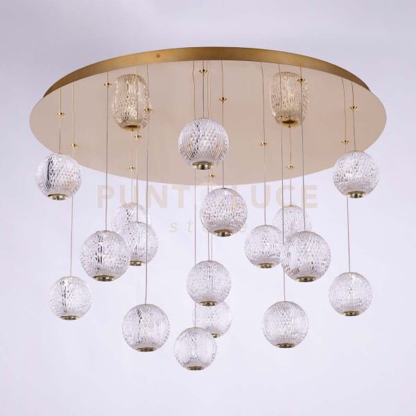 Diamante plafoniera, acrilico trasparente, struttura oro, led 71,4 
