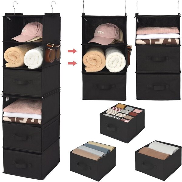 Organizzatore da appendere in tessuto, con 3 cassetti e 4 tasche laterali, colore nero, modulare, altezza 120 cm