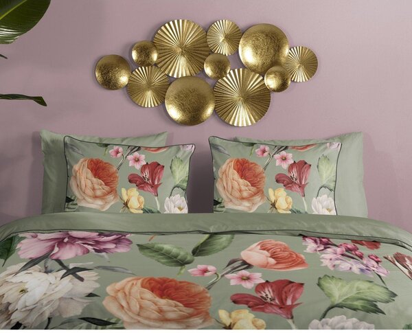 Set copripiumino e federa verde in raso di cotone per letto matrimoniale ed esteso 200x220 cm Fiori – Descanso
