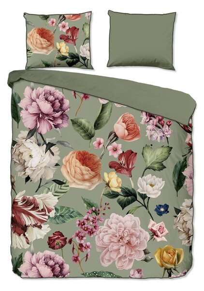 Set copripiumino e federa verde in raso di cotone per letto matrimoniale ed esteso 200x220 cm Fiori – Descanso