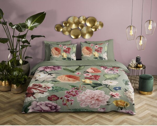 Set copripiumino e federa verde in raso di cotone per letto matrimoniale ed esteso 200x220 cm Fiori – Descanso