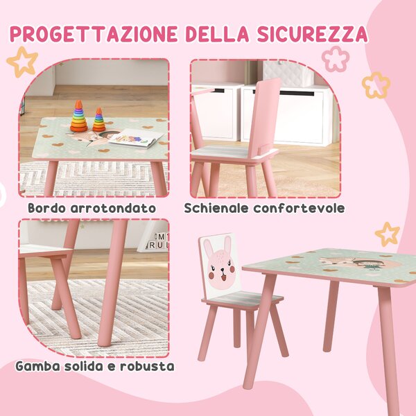 ZONEKIZ Set Tavolo e Sedie 3 Pezzi per Bambini 3-8 Anni in MDF e Legno di Pino con Disegni di Animali, Rosa|Aosom