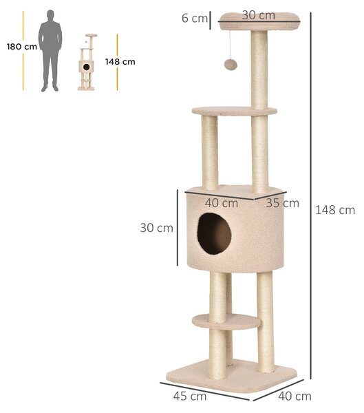 PawHut Albero Tiragraffi per Gatti a 5 livelli Multi-attività Morbido con Cuccia Palla Sospesa in Sisal Peluche Beige|Aosom