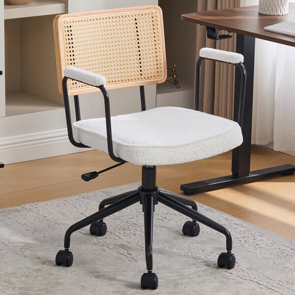 Sedia da ufficio vintage, girevole a 360°, con schienale in rattan, seduta e braccioli in ecopelle