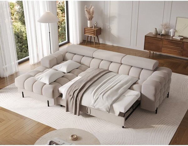 Divano angolare beige allungabile/con contenitore (con penisola a sinistra/con chaise lounge) e rivestimento in velluto Felro – ELTAP