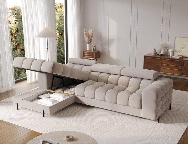 Divano angolare beige allungabile/con contenitore (con penisola a sinistra/con chaise lounge) e rivestimento in velluto Felro – ELTAP