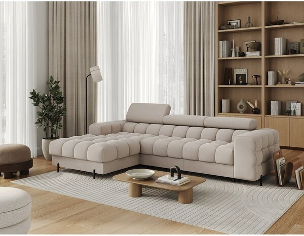 Divano angolare beige allungabile/con contenitore (con penisola a sinistra/con chaise lounge) e rivestimento in velluto Felro – ELTAP