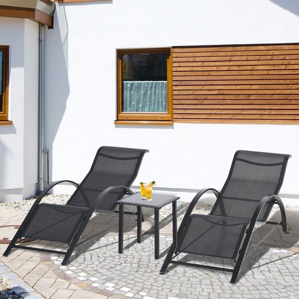 Outsunny Set 2 Lettini Prendisole e Tavolino con Ripiano, in Tessuto Traspirante e Metallo, 59x169x66 cm, Nero|Aosom