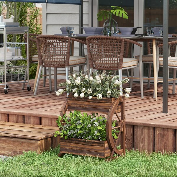 Outsunny Fioriera in Legno da Esterno a 2 Livelli con 3 Vasi e Ruote di Carro Stile Country, 55x32x56cm|Aosom