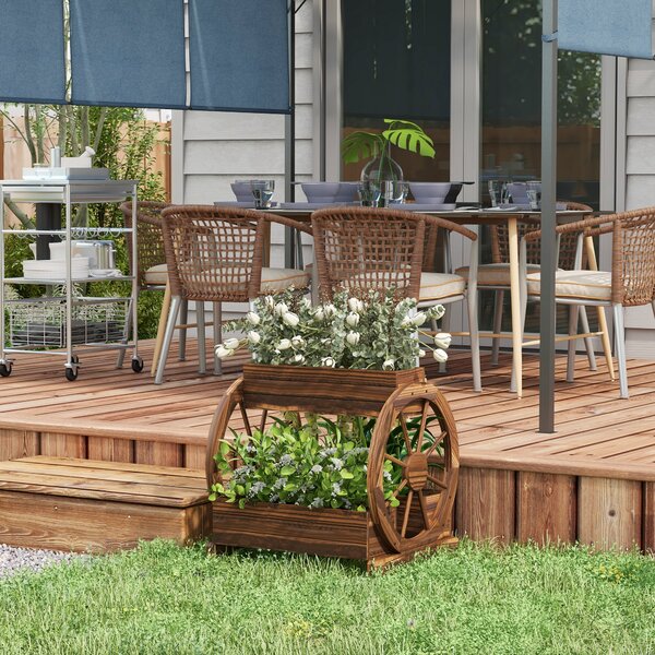Outsunny Fioriera in Legno da Esterno a 2 Livelli con 3 Vasi e Ruote di Carro Stile Country, 64x54x60cm|Aosom