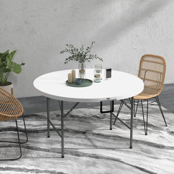 Outsunny Tavolo Pieghevole per Giardino e Campeggio, in Acciaio e HDPE, Ø122x73 cm, Grigio e Bianco|Aosom