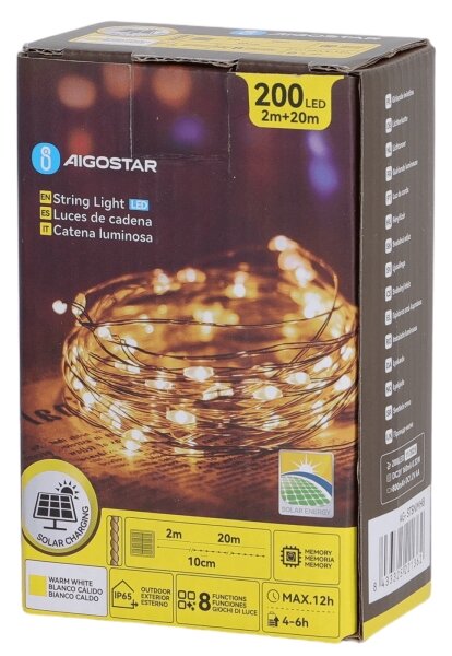 Aigostar - Catena luminosa solare a LED, 200 LED, 8 funzioni, 22 m, IP65, bianco caldo, 800 mAh