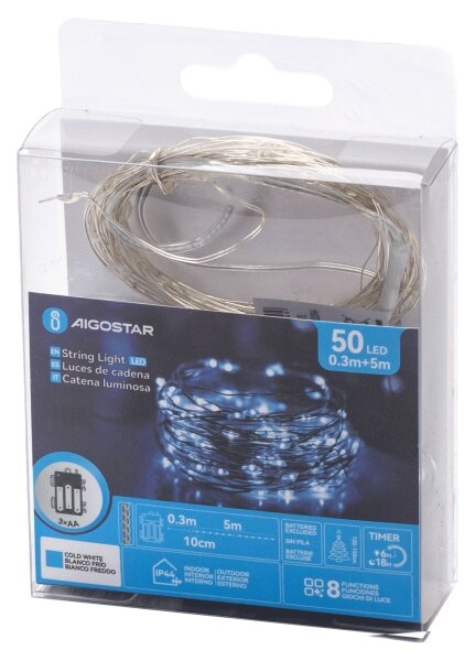 Aigostar - Catena luminosa LED 50xLED/3xAA 5,3m bianco freddo