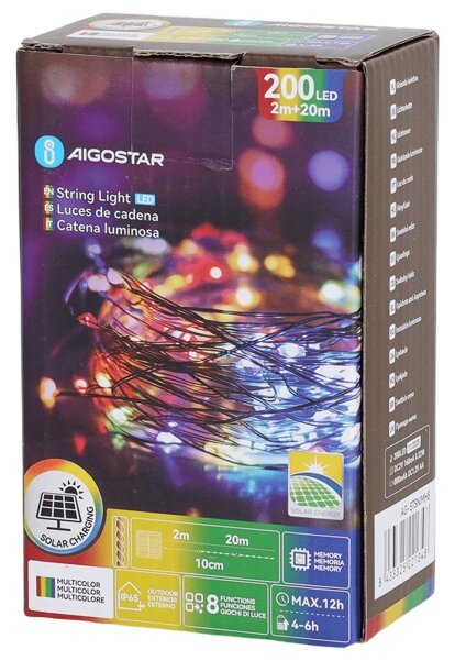 Aigostar - Catena solare a LED 200 LED / 8 funzioni, 22 m, IP65, multicolore, 800 mAh