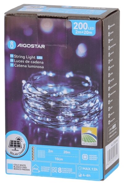Aigostar - Catena luminosa solare a LED 200 LED / 8 funzioni, 22 m, IP65, bianco freddo, 800 mAh