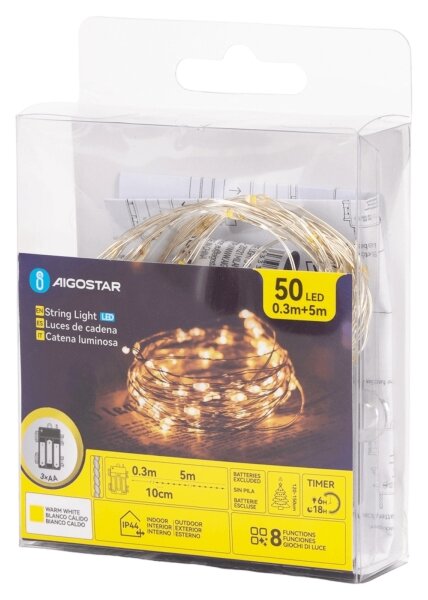 Aigostar - Catena luminosa a LED 50 LED/3xAA, 5,3 m, bianco caldo