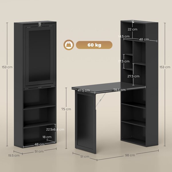 HOMCOM Scrivania Moderna Pieghevole con Libreria e Lavagna, in Legno e Metallo, 98x51x153 cm, Nero | Aosom Italy