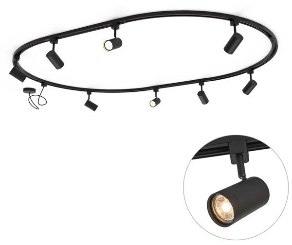 Sistema di illuminazione a binario moderno con 8 faretti neri, monofase, ovale, 200 cm - Iconic Jeana