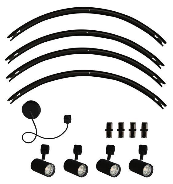 Sistema di illuminazione a binario moderno con 4 faretti neri monofase rotondi - Iconic Jeana