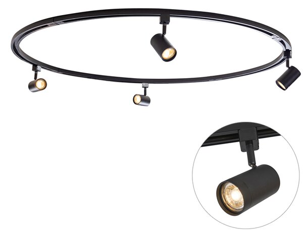 Sistema di illuminazione a binario moderno con 4 faretti neri monofase rotondi - Iconic Jeana