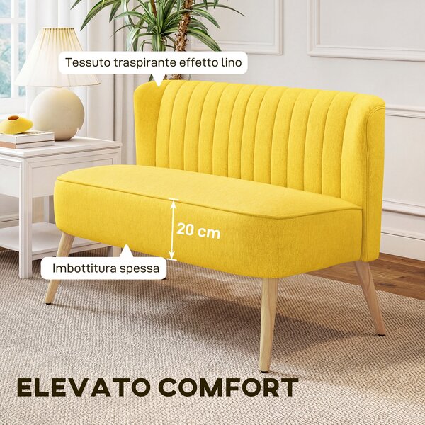 HOMCOM Divano 2 Posti in Tessuto Effetto Lino Senza Braccioli con Gambe in Legno, 117x56.5x77 cm, Giallo | Aosom Italy