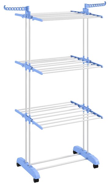 HOMCOM Stendibiancheria Pieghevole a 4 Livelli con Ali Laterali Girevoli e 4 Ruote, in Acciaio e PP, 73x64x177 cm, Blu e Argento | Aosom