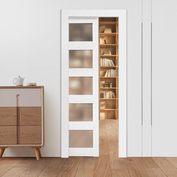 Porta scorrevole in vetro satinato 765x2035 mm - Porta scorrevole singola in 5 pezzi con kit di ferramenta - Pannello scorrevole in legno massiccio e MDF, superficie impermeabile - Per camera da letto, cucina, studio