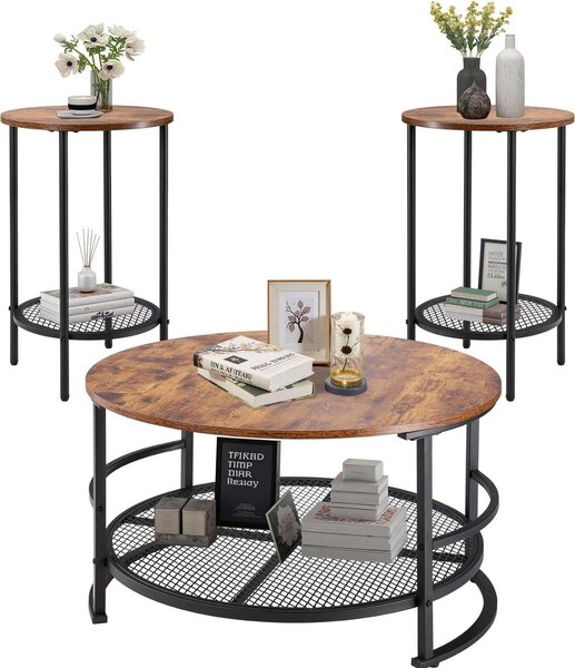 Set di tavolini - 3 pezzi rotondi - 1 tavolino Ø 80 x 46,5 cm - 2 tavolini Ø 40 x 60 cm - Robuste gambe di metallo - Salvaspazio - Stile industriale