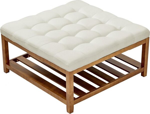 Tavolino quadrato con ripiano (875x875x445mm) - Tavolo in legno massiccio - Pouf imbottito con poggiapiedi in lino - Per la camera da letto e il soggiorno - Portata fino a 181,44 kg - In bianco crema