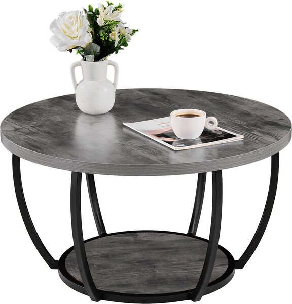Tavolino da salotto - Tavolino rotondo a due livelli - Robusta struttura in metallo - Vano portaoggetti aperto - Capacità di carico 34,9 kg - Design minimalista - Grigio