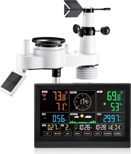 Stazione meteo wireless 7 in 1, display da 7,5 pollici, sensore solare da esterno, pluviometro, per previsioni del tempo, temperatura, umidità, velocità e direzione del vento, senza WLAN