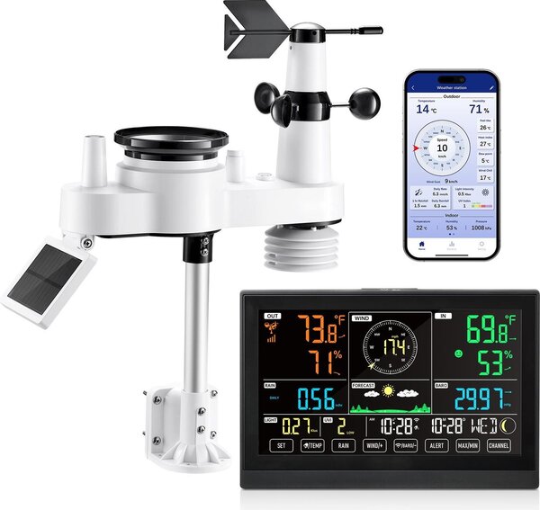 Stazione meteo WLAN - set 7 in 1 - display VA da 19 cm - connessione app - sensore solare esterno - vento, temperatura, umidità, precipitazioni - previsioni del tempo