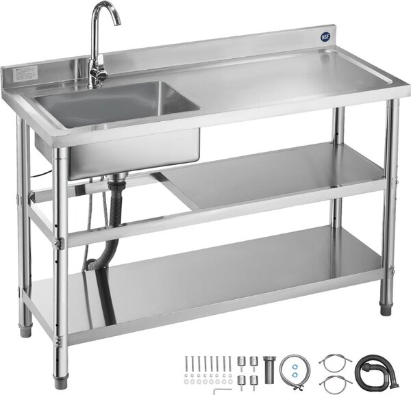 Lavello da cucina in acciaio inox - Vasca singola con piano di lavoro - Dimensioni 120 x 50 x 94 cm - Con rubinetto - Due ripiani - Indipendente - Vasca a destra