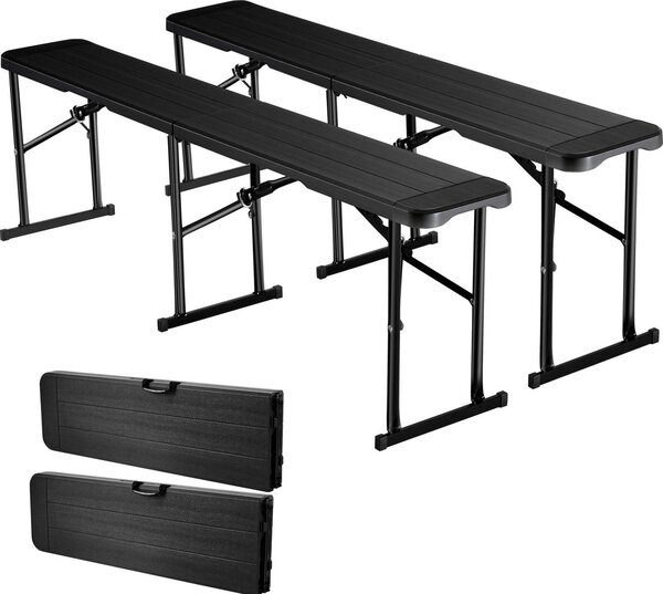 Panca pieghevole / panca da birra - Set da 2 pezzi 182 cm - Pieghevole - Portatile - Seduta in HDPE - Portata 150 kg per seduta - Con 2 borse per il trasporto - Nero