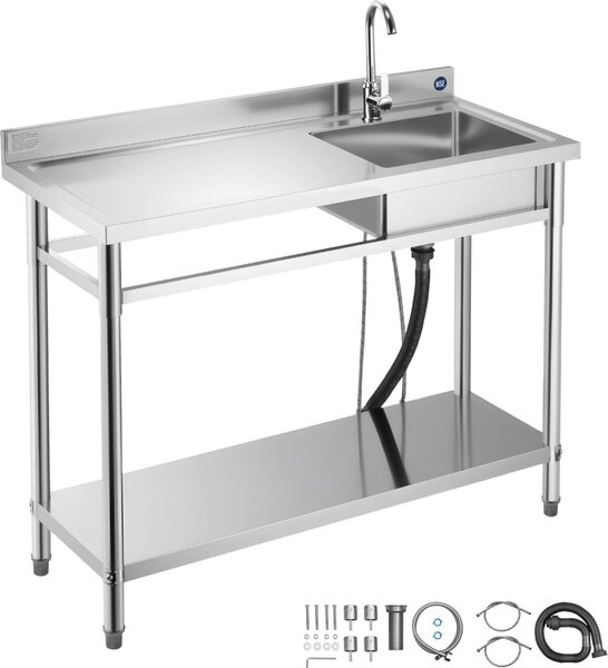 Lavello da cucina - Acciaio inox Vasca singola - 120 x 50 x 94 cm - Con rubinetto - Con ripiano - Piano di lavoro a sinistra - Indipendente - Per esterni
