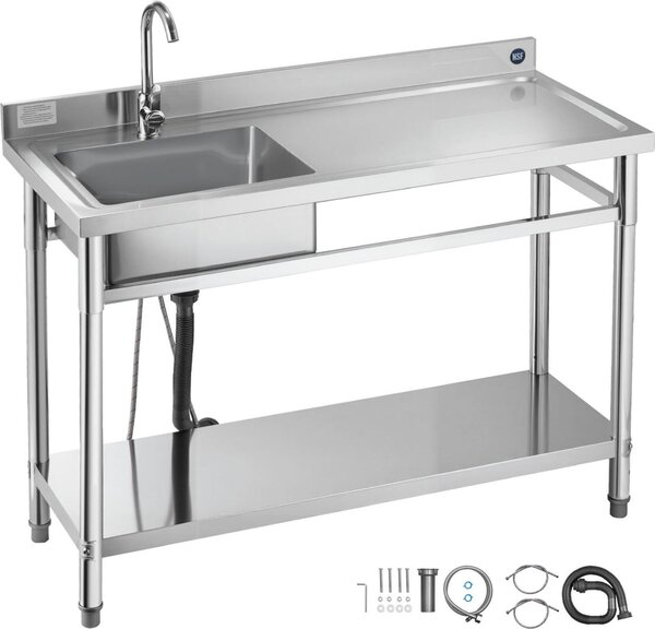 Lavello da cucina in acciaio inox - Lavello da cucina a vasca singola - 120 x 50 x 94 cm - Con rubinetto - Con ripiano - Indipendente - Vasca a destra