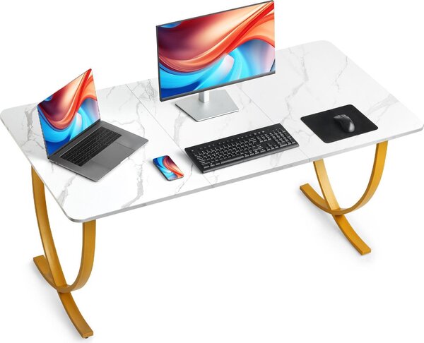 Scrivania per computer - Scrivania da ufficio - Piano del tavolo 160 x 80 cm - Robusto telaio in metallo - Capacità di carico 158 kg - Scrivania moderna - Per l'ufficio domestico - Bianco/oro