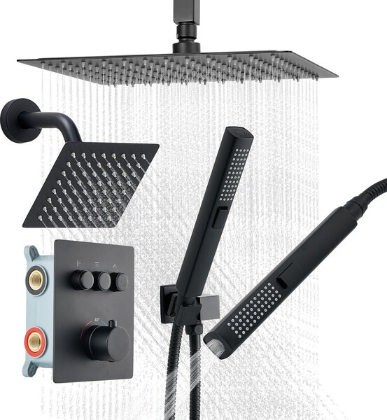 Set sistema doccia - Doccia a pioggia con termostato - Soffione 30 cm - Doccetta a muro 15 cm - Doccetta 2 in 1 - Doppio soffione girevole (3 tipi di getto) - Rubinetteria in ottone - Nero opaco