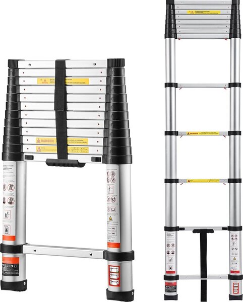 Scala telescopica - Scala pieghevole in alluminio - Altezza 3,74 m - Portata 150 kg - Retrazione con una sola mano - Scala multiuso - Per casa, giardino e soffitta