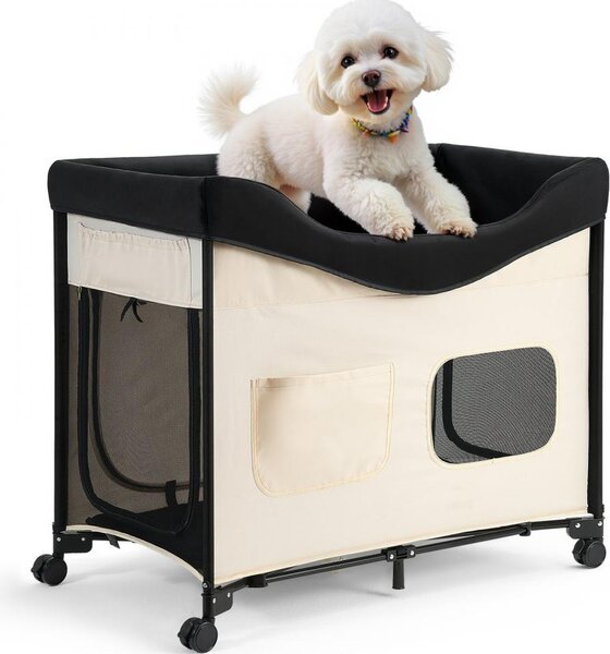 Letto rialzato per animali domestici (XL), letto pieghevole per cani con tessuto Oxford 600D e velluto olandese, lettino rialzato portatile con ruote, tasche laterali e borsa per il trasporto - Beige