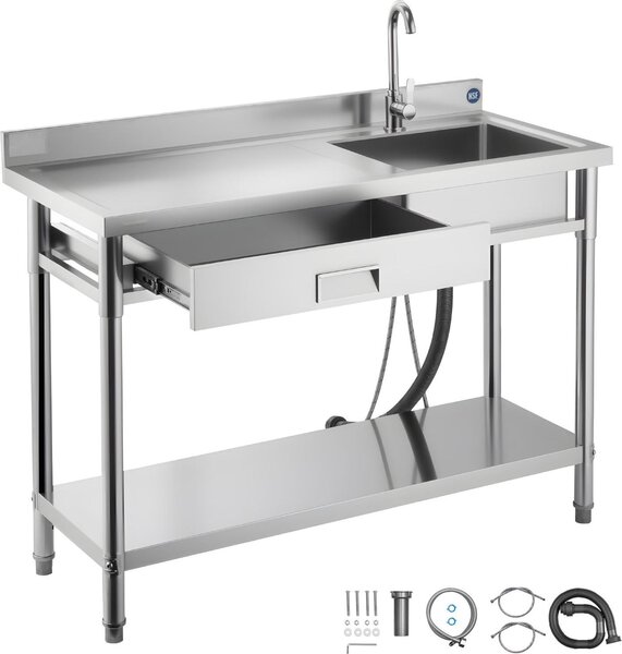Lavello gastronomia/lavello cucina - Vasca singola in acciaio inox - 120 x 50 x 94 cm - Con rubinetto - Con cassetto - Piano di lavoro a sinistra