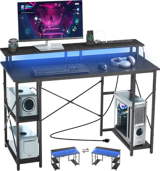Scrivania - Scrivania per computer con supporto per monitor - Illuminazione a LED - Prese di corrente integrate - Ripiano a due livelli - Per l'ufficio in casa - Nero