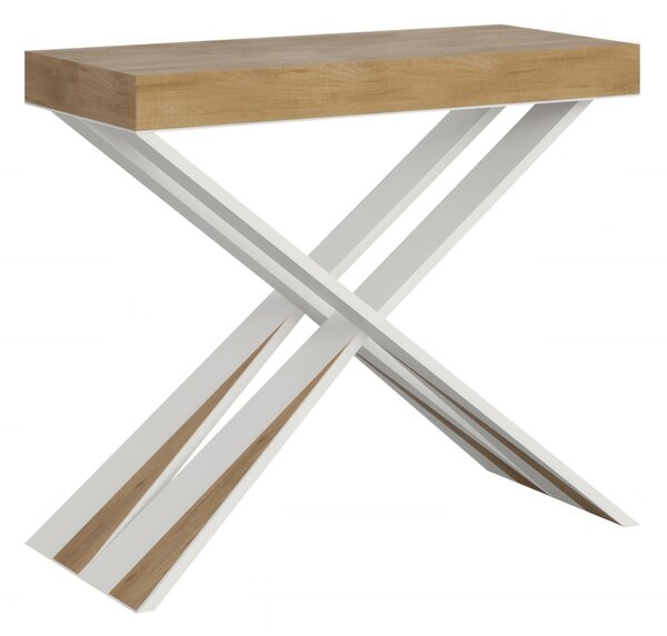 Consolle Allungabile Fino a 300 CM DIAGO Dimensioni 90x40xh77 cm estensibile CON 5 Allunghe da 52 cm Colore telaio bianco ripiano Quercia Naturale
