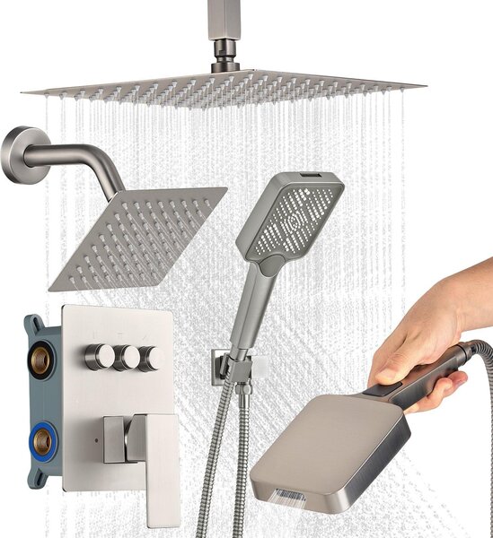 Set sistema doccia - Doccia a pioggia doppia - Soffione doccia a pioggia 30,5 cm + soffione doccia a muro 15,2 cm - Doccetta 4 in 1 - 3 tipi di getto - Valvola in ottone - Girevole - Nichel spazzolato
