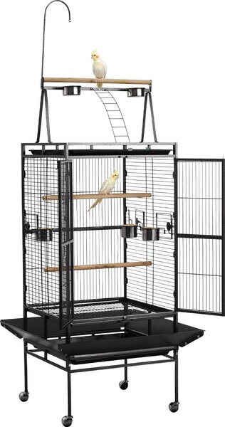 Gabbia per uccelli - Voliera a piantana - Dimensioni 83 x 79 x 210 cm - Ferro battuto - Apribile nella parte superiore - Con posatoi, cassetto e ciotole per l'alimentazione - Per cocorite e pappagalli