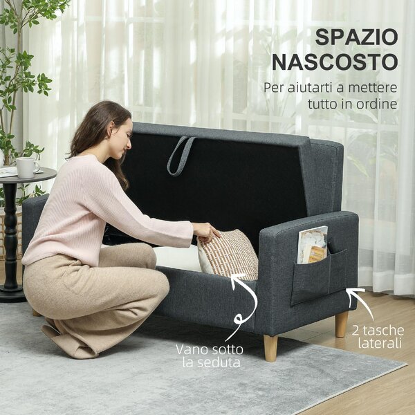 DecHome Divano 2 Posti Moderno con Vano Contenitore in Tessuto Effetto Lino Dimensioni 135x72x84 cm colore Grigio Carbone