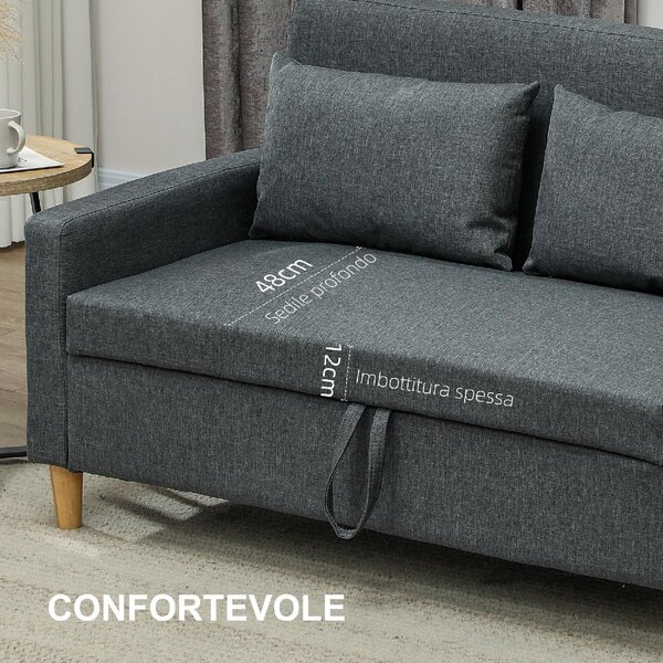 DecHome Divano 2 Posti Moderno con Vano Contenitore in Tessuto Effetto Lino Dimensioni 135x72x84 cm colore Grigio Carbone