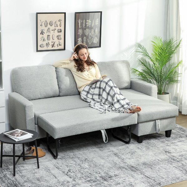 DecHome Divano Angolare 3 posti Moderno con Chaise Longue Letto Estraibile Vano Contenitore in Tessuto Effetto Lino Dimensioni 197x129x85 cm colore