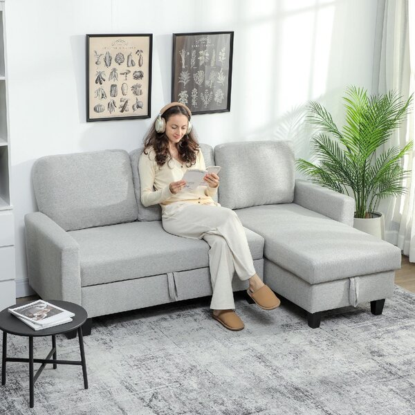 DecHome Divano Angolare 3 posti Moderno con Chaise Longue Letto Estraibile Vano Contenitore in Tessuto Effetto Lino Dimensioni 197x129x85 cm colore