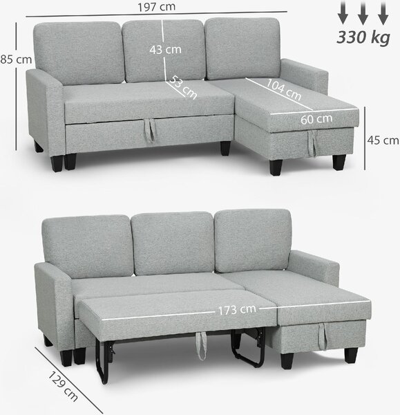 DecHome Divano Angolare 3 posti Moderno con Chaise Longue Letto Estraibile Vano Contenitore in Tessuto Effetto Lino Dimensioni 197x129x85 cm colore